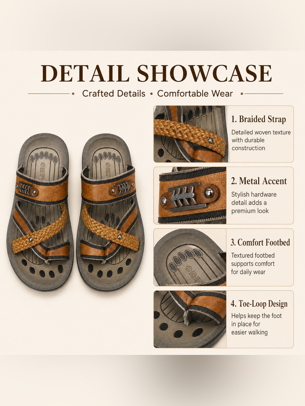 Braided Strap Slide Sandals in Brown and Gray - Picture 5 of 6